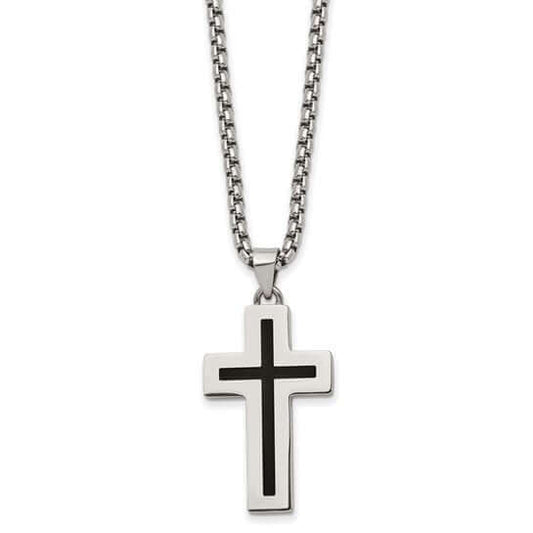 Engravable Silver Polished with Black Enamel Cross Pendant