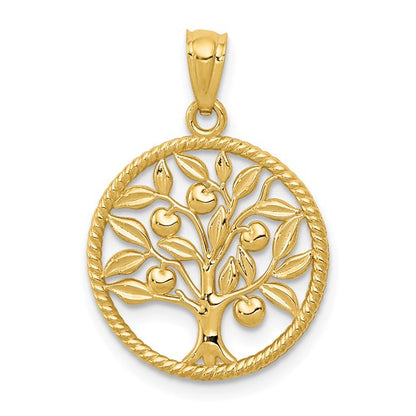 14k Gold Polished Tree Of Life in Round Pendant