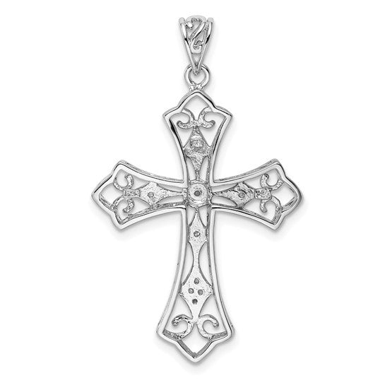 Sterling Silver Rhodium and Diam. Filigree Cross Pendant