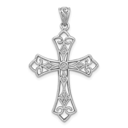 Sterling Silver Rhodium and Diam. Filigree Cross Pendant