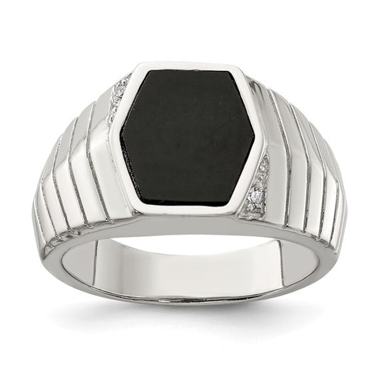 Sterling Silver Men's CZ and Onyx Ring