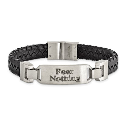 Custom Engraved Stainless Steel Brushed Black Leather Bracelet