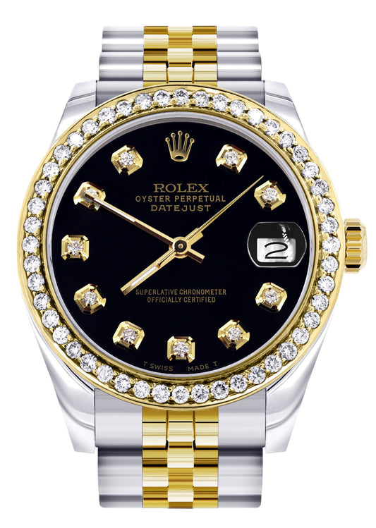 Womens Diamond Gold Rolex Watch | Diamond Bezel | 31MM | Black Diamond Dial | Jubilee Band | Model 68273 - The Diamond Traphouse