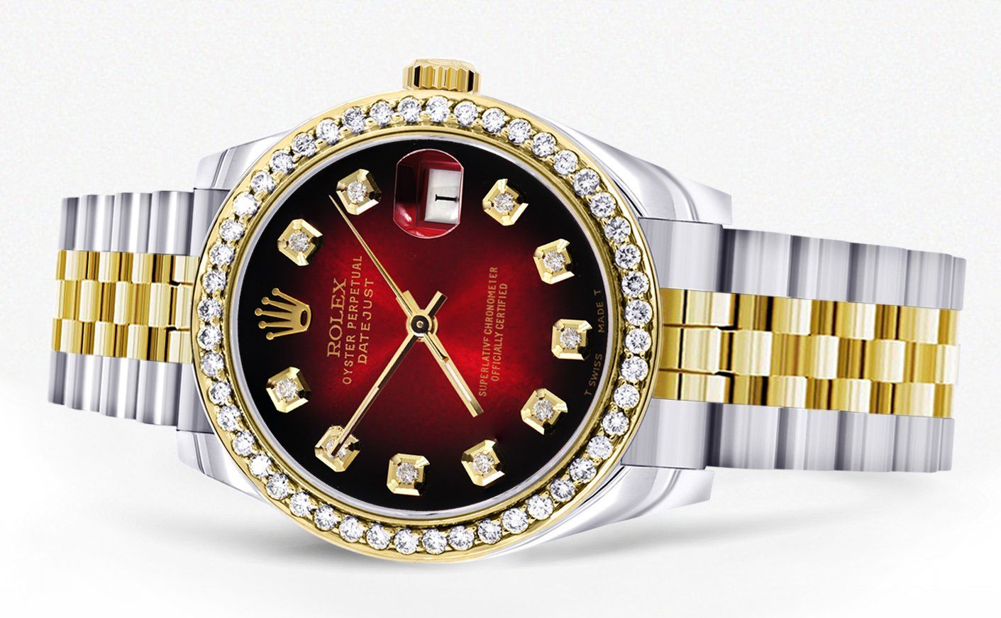 Womens Diamond Gold Rolex Watch | Diamond Bezel | 31MM | Red Diamond Dial | Jubilee Band | Model 68273 - The Diamond Traphouse