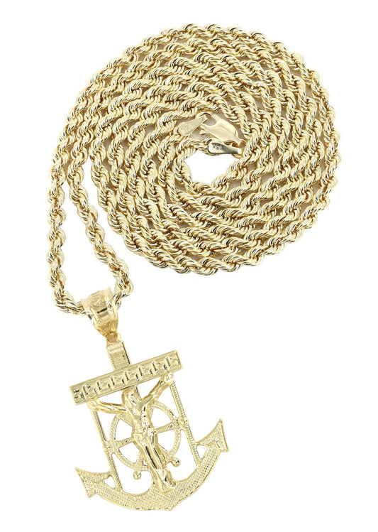 10K Yellow Gold Rope Chain & Jesus Anchor Pendant
