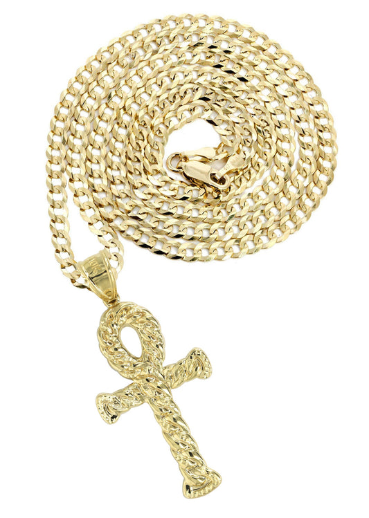 10K Yellow Gold Cuban Chain & Gold Ankh Pendant