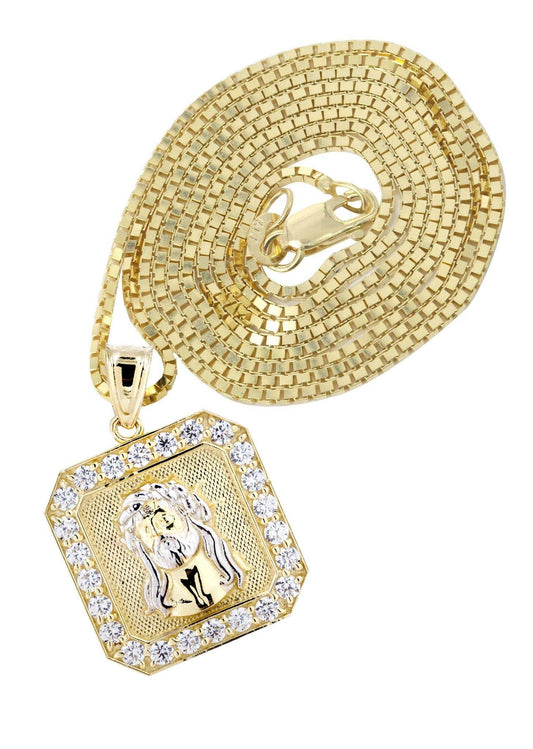 10K Yellow Gold Box Chain & Jesus Piece Chain | Appx. 7.1 Grams - The Diamond Traphouse
