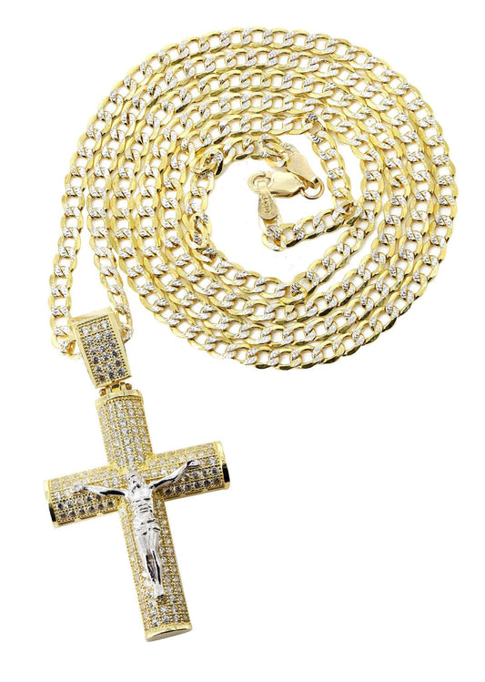 10K Yellow Gold Pave Cuban Chain & Cz Gold Cross Necklace - The Diamond Traphouse