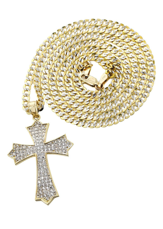 10K Yellow Gold Pave Cuban Chain & Cz Gold Cross Necklace - The Diamond Traphouse