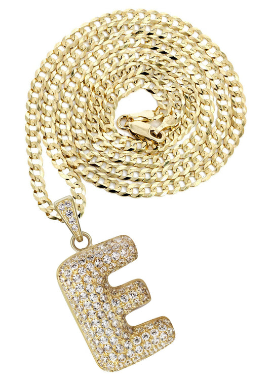 10K Yellow Gold Bubble Letter "E" CZ Necklace | Appx. 13.3 Grams