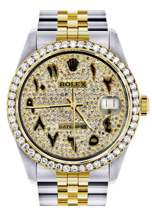 Diamond Gold Rolex Watch For Men 16233 | 36Mm | Black Arabic Full Diamond Dial | Jubilee Band