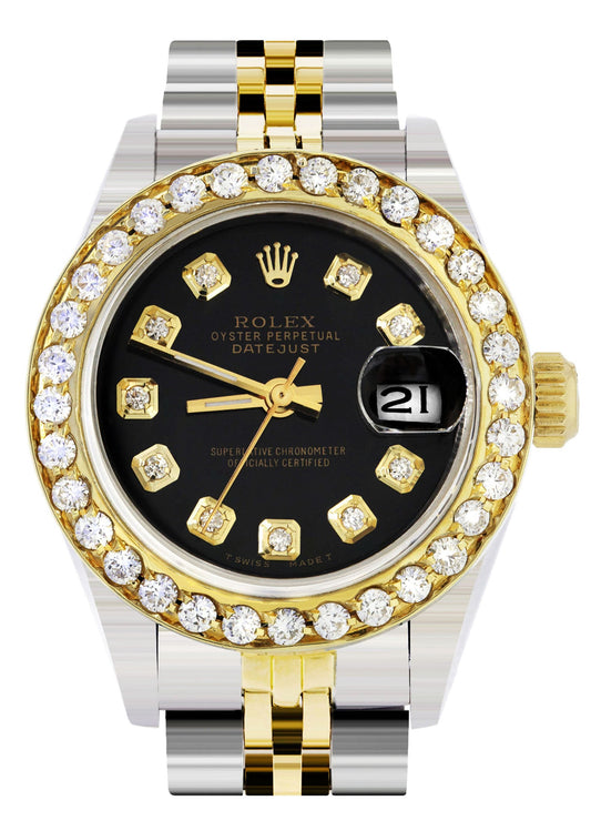 Womens Diamond Gold Rolex Watch | 1 Carat Bezel | 26Mm | Black Dial | Jubilee Band | Model 69173 - The Diamond Traphouse