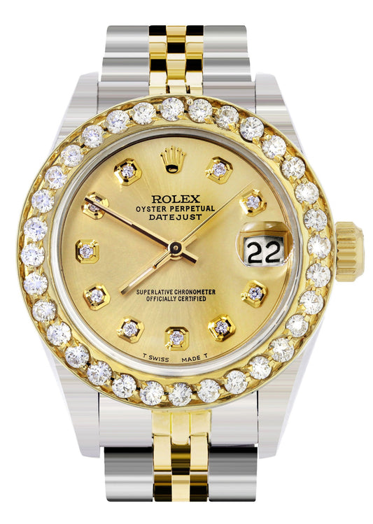 Womens Diamond Gold Rolex Watch | 1 Carat Bezel | 26Mm | Gold Dial | Jubilee Band | Model 69173 - The Diamond Traphouse