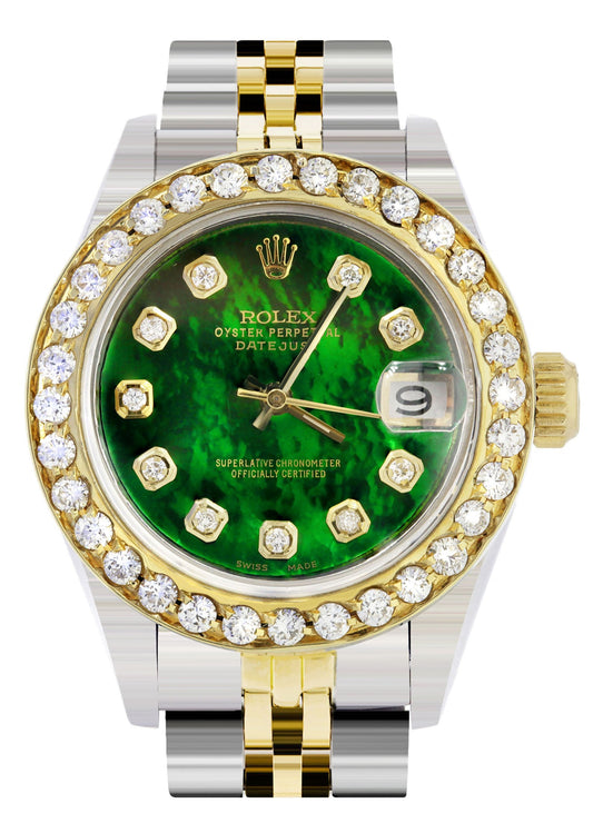 Womens Diamond Gold Rolex Watch | 1 Carat Bezel | 26Mm | Green Pearl Dial | Jubilee Band | Model 69173 - The Diamond Traphouse