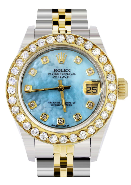 Womens Diamond Gold Rolex Watch | 1 Carat Bezel | 26Mm | Blue Pearl Dial | Jubilee Band | Model 69173 - The Diamond Traphouse