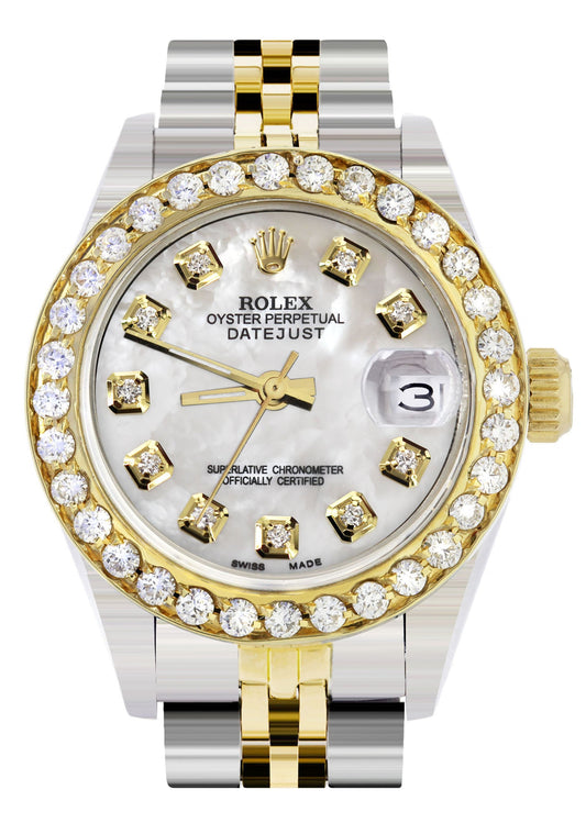 Womens Diamond Gold Rolex Watch | 1 Carat Bezel | 26Mm | Mother of Pearl Dial | Jubilee Band | Model 69173 - The Diamond Traphouse