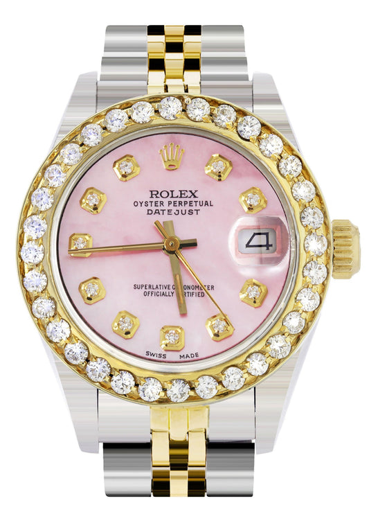 Womens Diamond Gold Rolex Watch | 1 Carat Bezel | 26Mm | Light Pink Pearl Dial | Jubilee Band | Model 69173 - The Diamond Traphouse