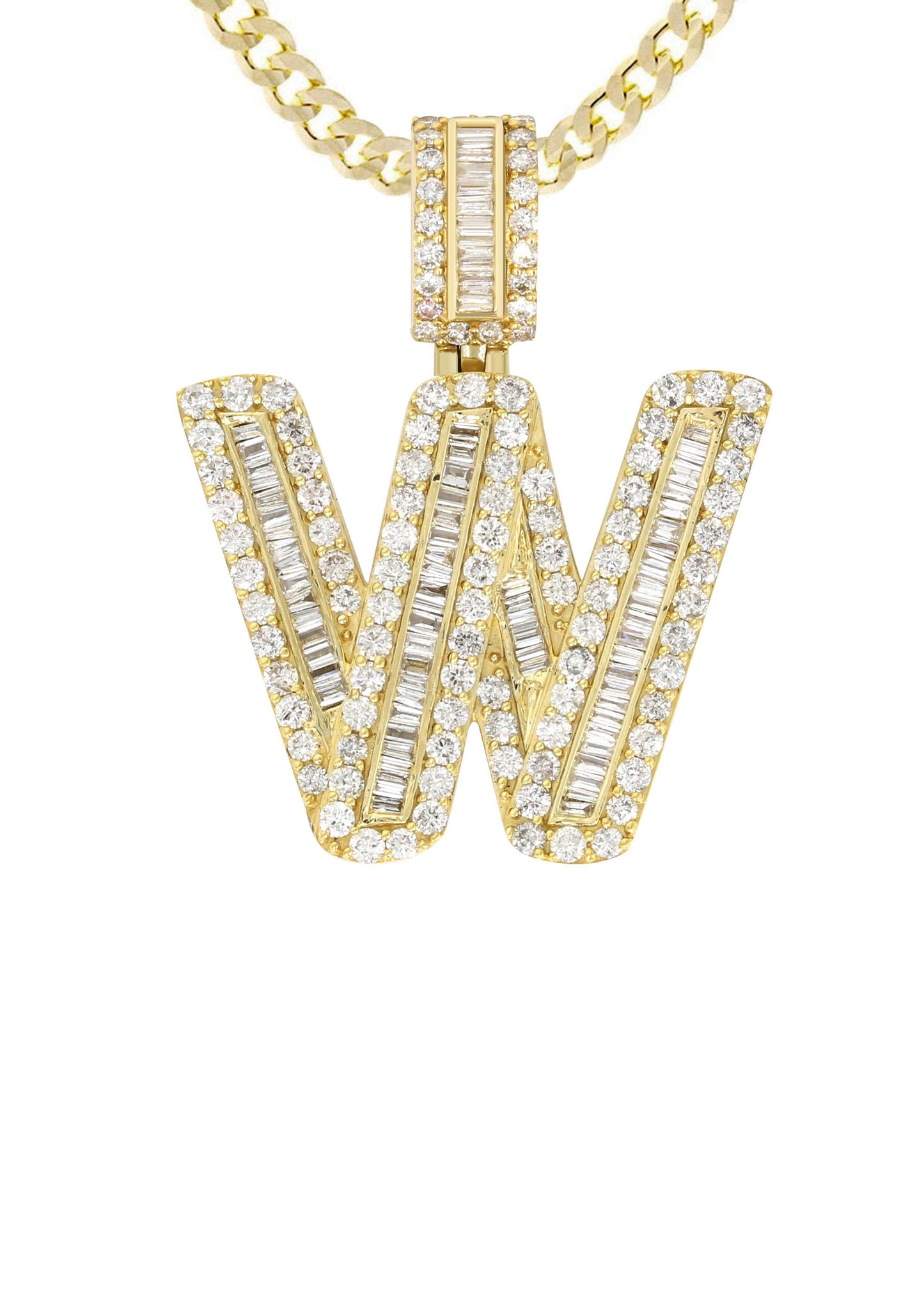 Yellow Gold Letter "W" Baguette Diamond Pendant | 3.3 Carats