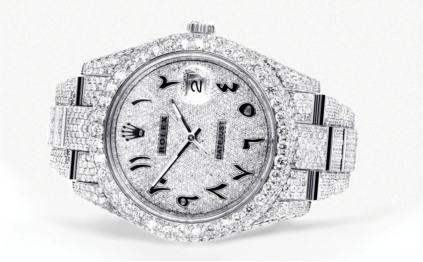 Diamond Iced Out Rolex Datejust 41 | 25 Carats Of Diamonds | Custom Arabic Diamond Dial | Stainless Steel | Two Row | Oyster Band