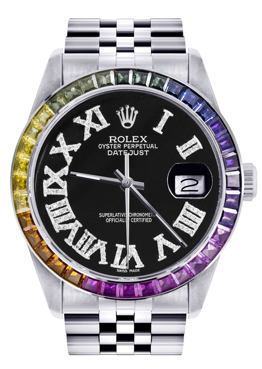 Diamond Gold Rolex Watch For Men 16200 | 36Mm | Rainbow Sapphire Bezel | Black Roman Numeral Dial | Jubilee Band
