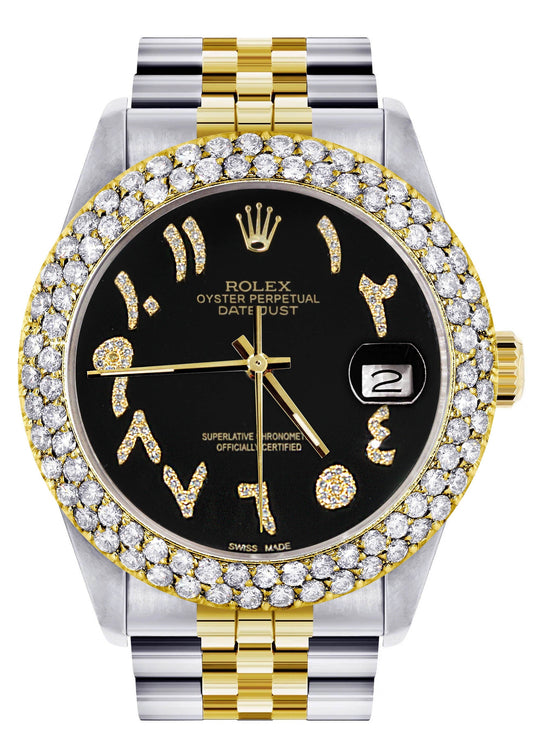 Diamond Gold Rolex Watch For Men 16233 | 36Mm | Black Arabic Diamond Dial | Two Row 4.25 Carat Bezel | Jubilee Band