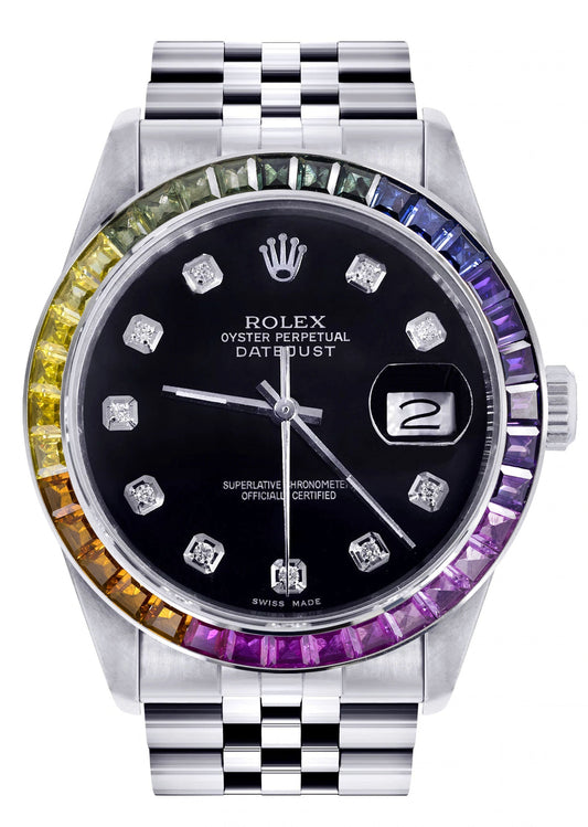 Diamond Gold Rolex Watch For Men 16200 | 36Mm | Rainbow Sapphire Bezel | Black Dial | Jubilee Band