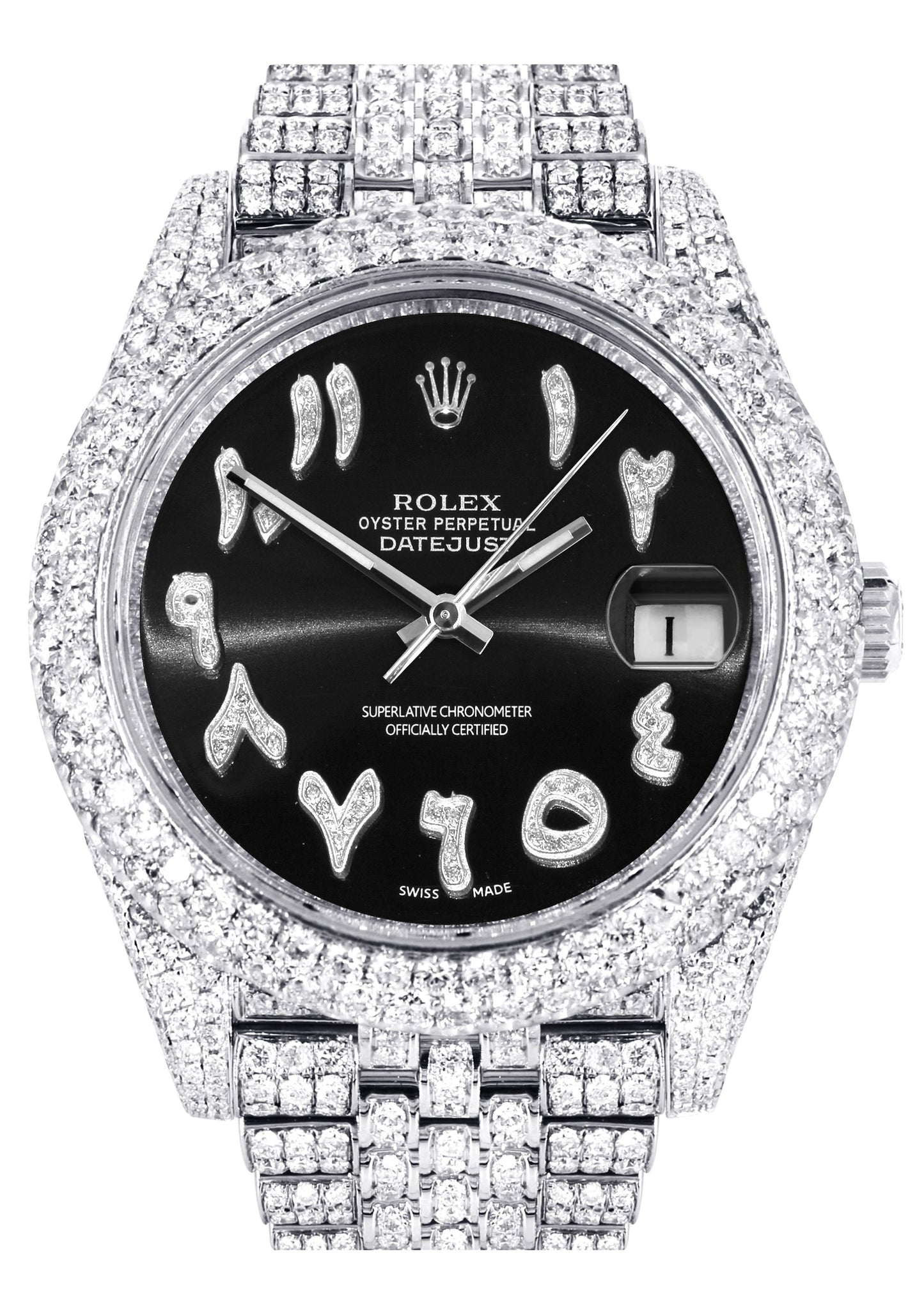 Diamond Iced Out Rolex Datejust 41 | 25 Carats Of Diamonds | Custom Black Arabic Numeral Diamond Dial | Stainless Steel | Two Row | Jubilee Band