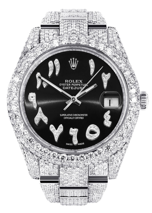 Diamond Iced Out Rolex Datejust 41 | 25 Carats Of Diamonds | Custom Black Arabic Numeral Diamond Dial | Stainless Steel | Two Row | Oyster Band