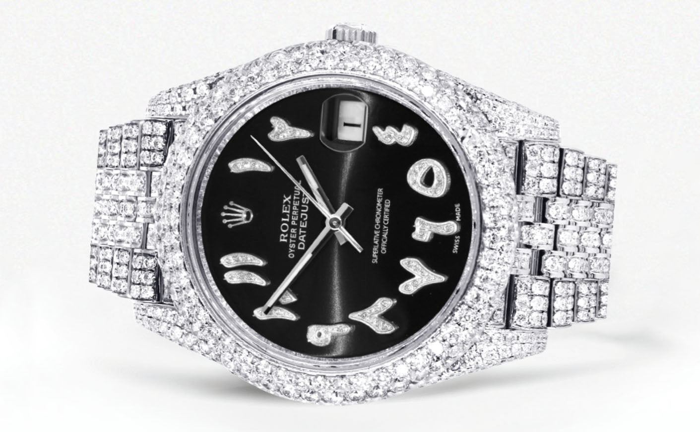 Diamond Iced Out Rolex Datejust 41 | 25 Carats Of Diamonds | Custom Black Arabic Numeral Diamond Dial | Stainless Steel | Two Row | Jubilee Band