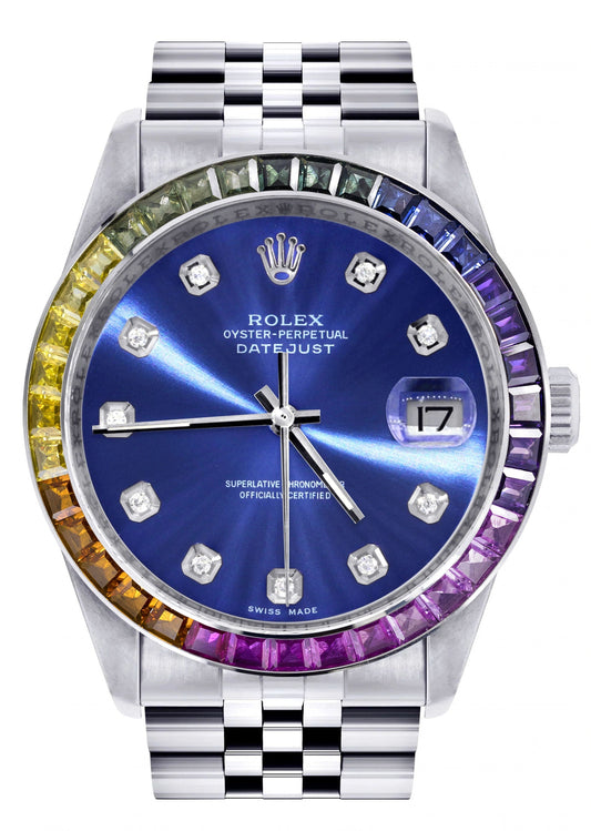 Diamond Gold Rolex Watch For Men 16200 | 36Mm | Rainbow Sapphire Bezel | Blue Dial | Jubilee Band