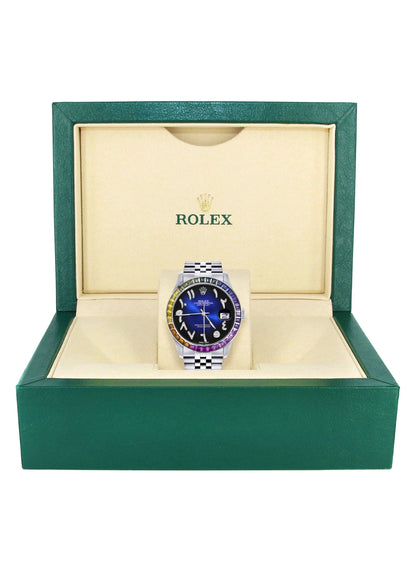 Diamond Gold Rolex Watch For Men 16200 | 36Mm | Rainbow Sapphire Bezel | Blue Black Arabic Numeral Dial | Jubilee Band