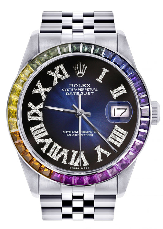 Diamond Gold Rolex Watch For Men 16200 | 36Mm | Rainbow Sapphire Bezel | Blue Black Roman Numeral Dial | Jubilee Band