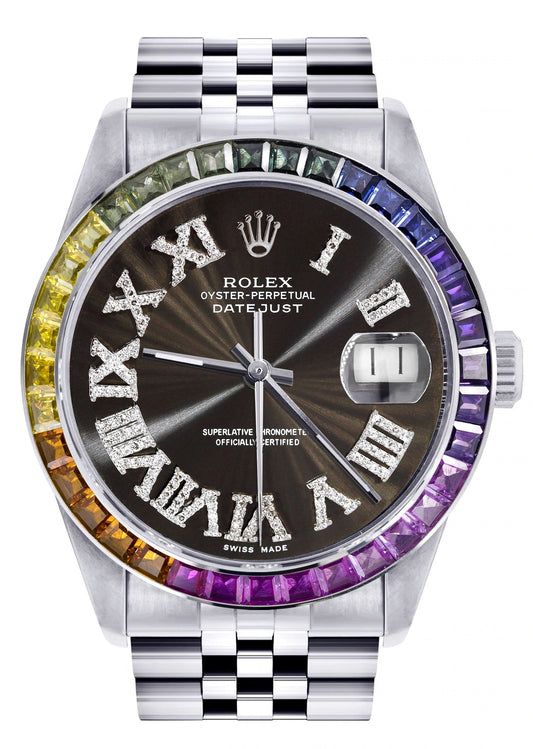 Diamond Gold Rolex Watch For Men 16200 | 36Mm | Rainbow Sapphire Bezel | Brown Roman Numeral Dial | Jubilee Band
