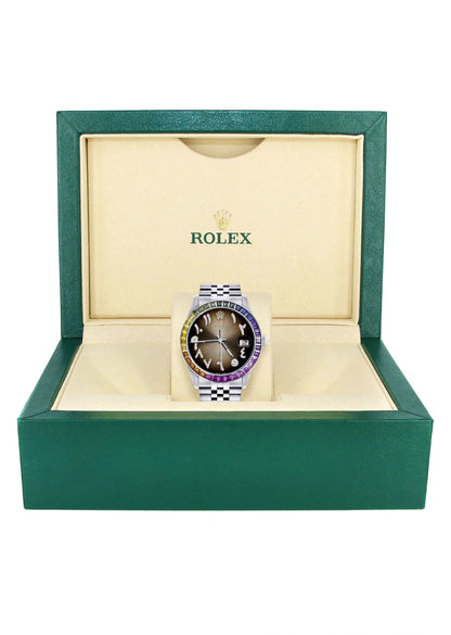 Diamond Gold Rolex Watch For Men 16200 | 36Mm | Rainbow Sapphire Bezel | Brown Arabic Numeral Dial | Jubilee Band