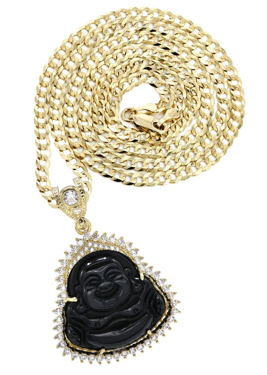 10K Yellow Gold Chain & Cz Black Buddha Pendant