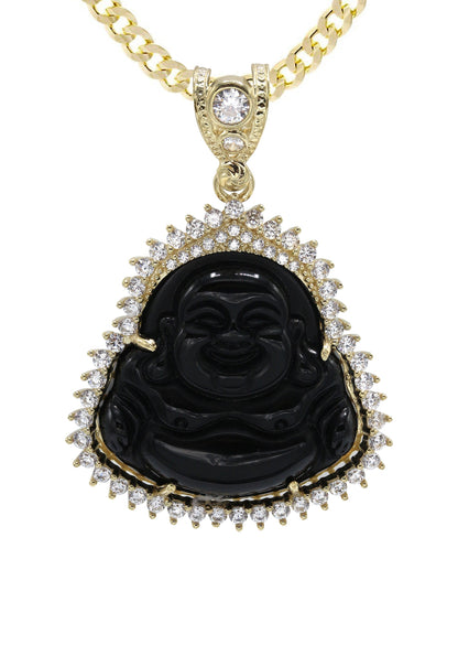 10K Yellow Gold Chain & Cz Black Buddha Pendant
