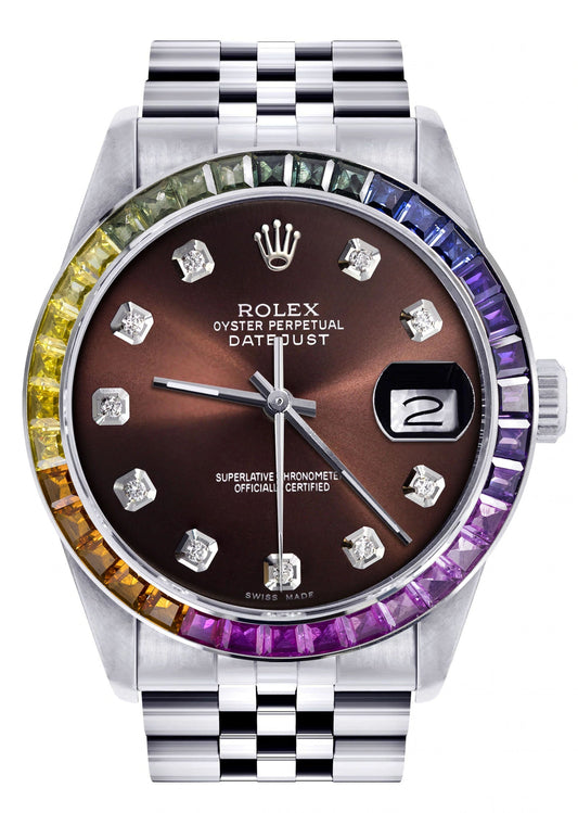 Diamond Gold Rolex Watch For Men 16200 | 36Mm | Rainbow Sapphire Bezel | Chocolate Dial | Jubilee Band