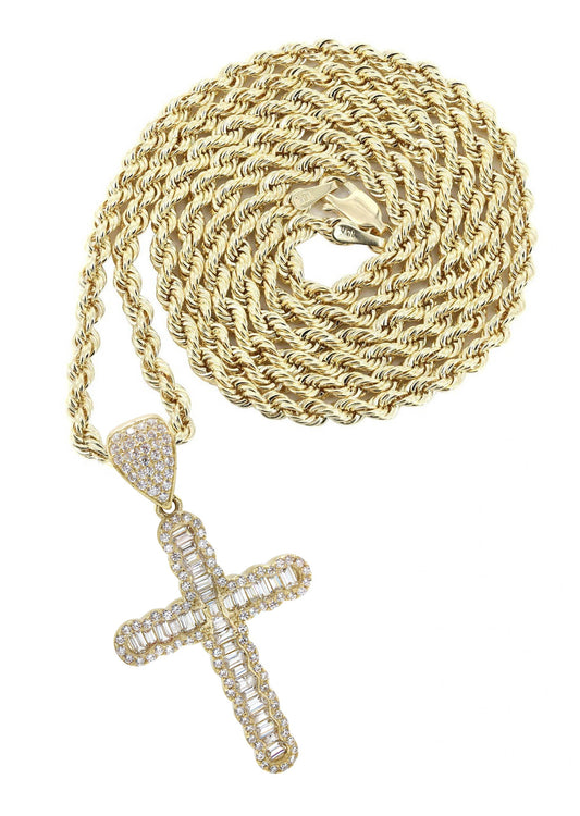 10K Yellow Gold Chain & Cz Baguette Cross Pendant
