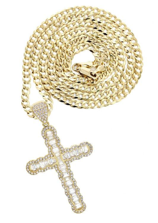 10K Yellow Gold Chain & Cz Baguette Cross Pendant