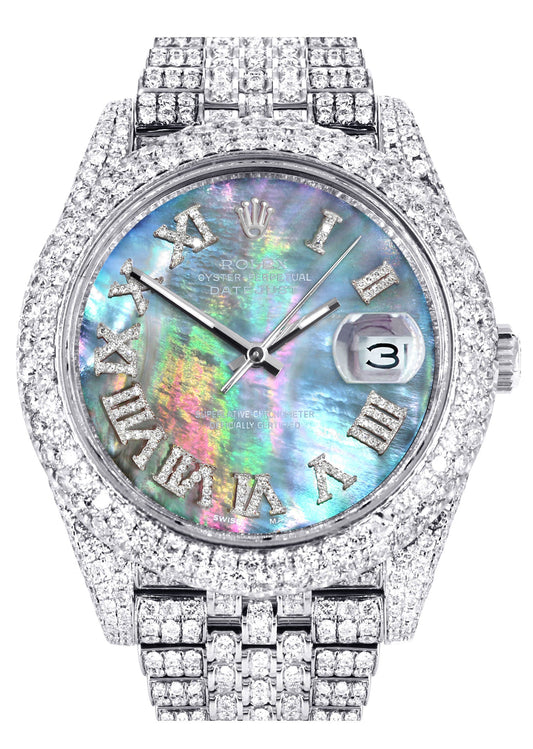 Diamond Iced Out Rolex Datejust 41 | 25 Carats Of Diamonds | Custom Abalone Mother Of Pearl Dial | Stainless Steel | Two Row | Jubilee Band