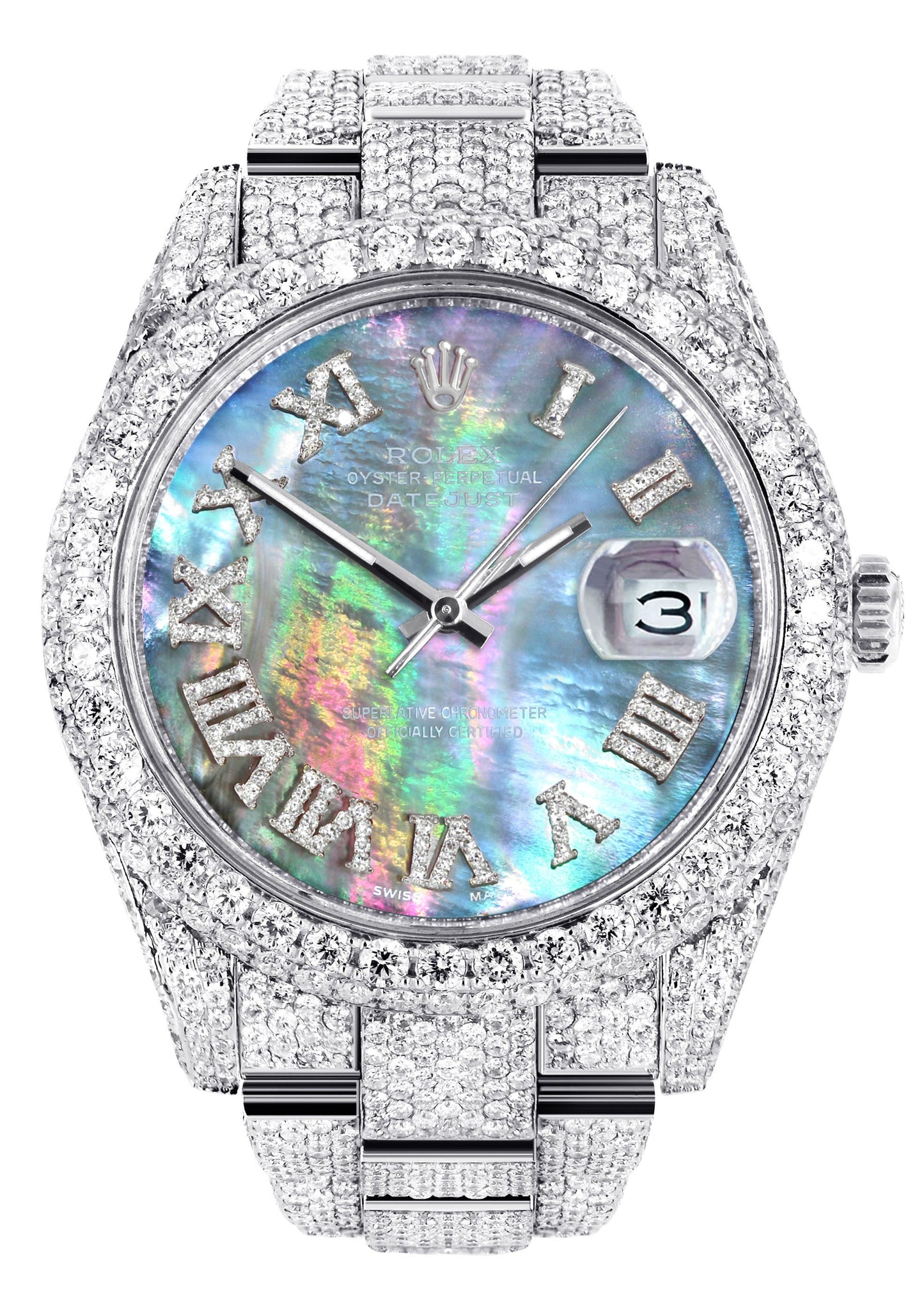 Diamond Iced Out Rolex Datejust 41 | 25 Carats Of Diamonds | Custom Abalone Mother of Pearl Dial | Stainless Steel | Two Row | Oyster Band