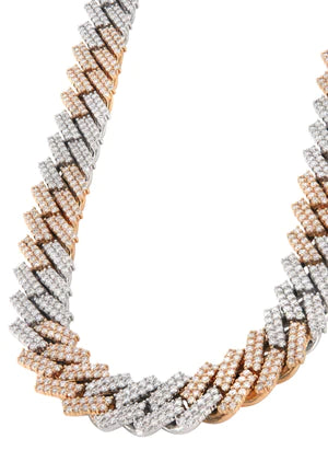 Two Tone Iced Out Diamond Prong Cuban Link Chain
