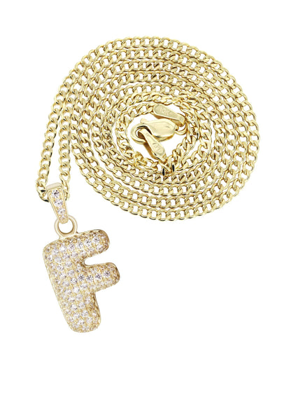 10K Yellow Gold Bubble Letter "F" CZ Pendant