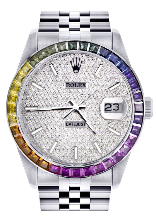 Diamond Gold Rolex Watch For Men 16200 | 36Mm | Rainbow Sapphire Bezel | Iced Out Diamond Dial | Jubilee Band
