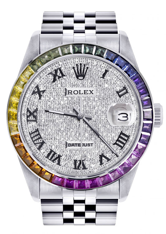 Diamond Gold Rolex Watch For Men 16200 | 36Mm | Rainbow Sapphire Bezel | Iced Out Roman Numeral Dial | Jubilee Band