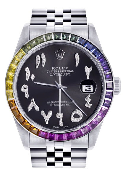 Diamond Gold Rolex Watch For Men 16200 | 36Mm | Rainbow Sapphire Bezel | Black Graphite Arabic Numeral Dial | Jubilee Band