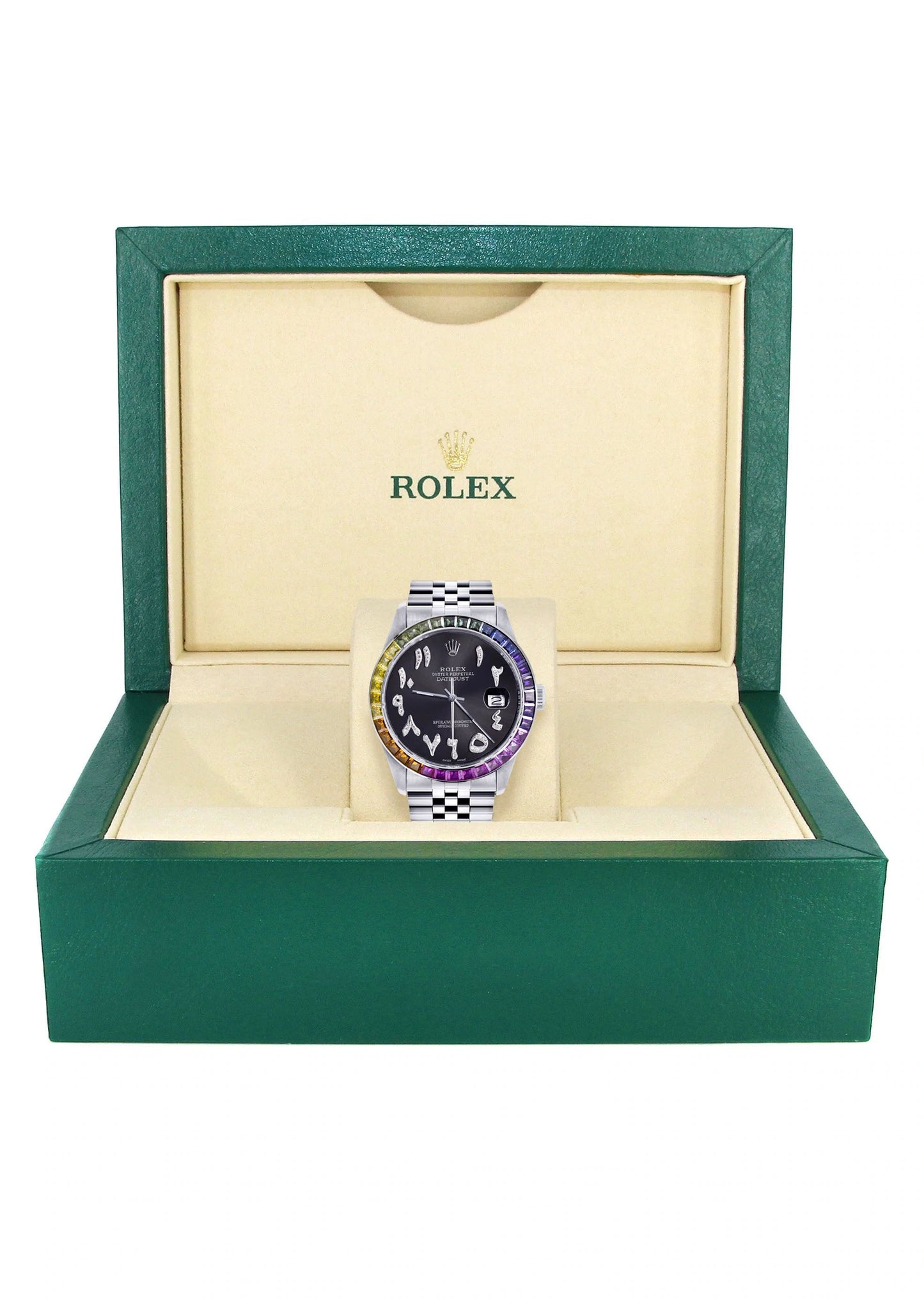 Diamond Gold Rolex Watch For Men 16200 | 36Mm | Rainbow Sapphire Bezel | Black Graphite Arabic Numeral Dial | Jubilee Band