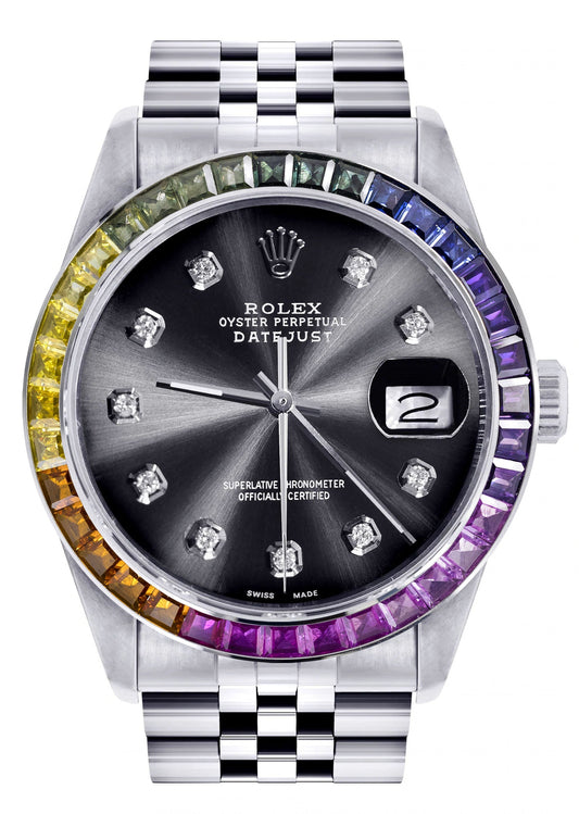 Diamond Gold Rolex Watch For Men 16200 | 36Mm | Rainbow Sapphire Bezel | Jet Black Dial | Jubilee Band
