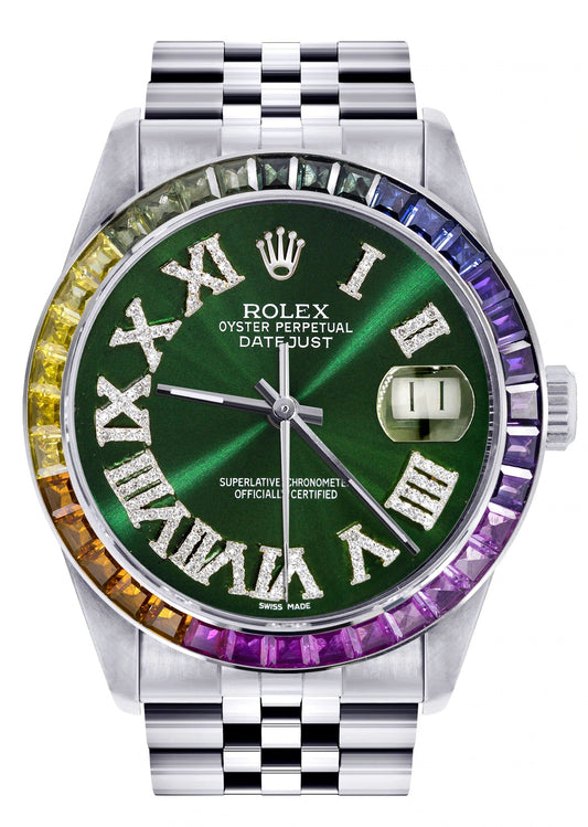 Diamond Gold Rolex Watch For Men 16200 | 36Mm | Rainbow Sapphire Bezel | Green Roman Numeral Dial | Jubilee Band