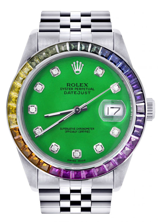 Diamond Gold Rolex Watch For Men 16200 | 36Mm | Rainbow Sapphire Bezel | Green Dial | Jubilee Band